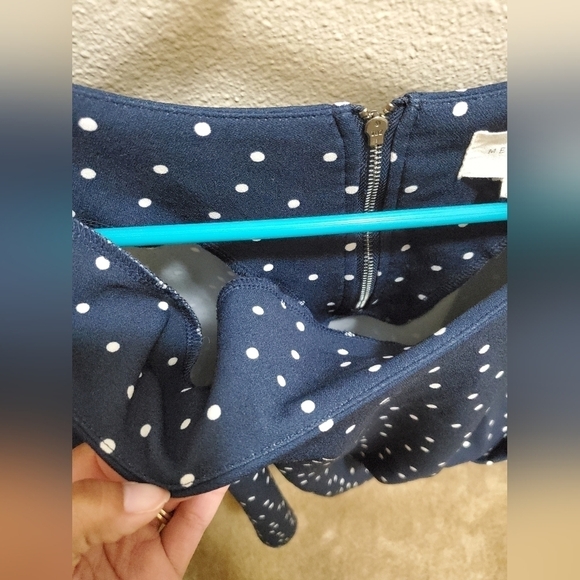 Navy Blue White Pokadot Dressy Zip Up Shirt - Picture 5 of 16